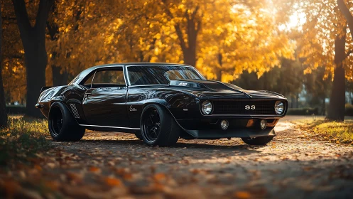 Midnight muscle car prowls through molten autumn light.