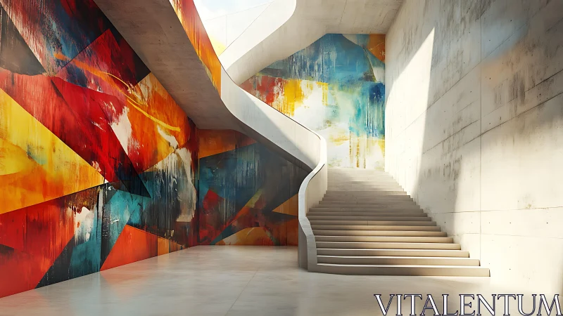 Concrete stairwell with bold geometric mural walls interior.