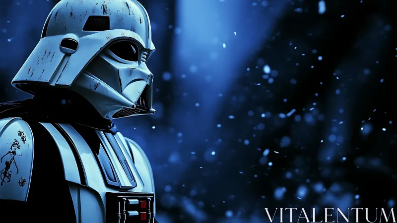 Snowfall cloaks a brooding sci fi armored sentinel in blue hush.