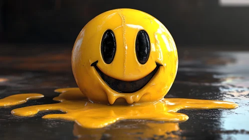 Smiley sphere rendered melting on reflective dark surface