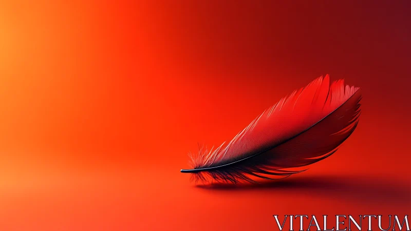 Single red feather on gradient orange red surface.