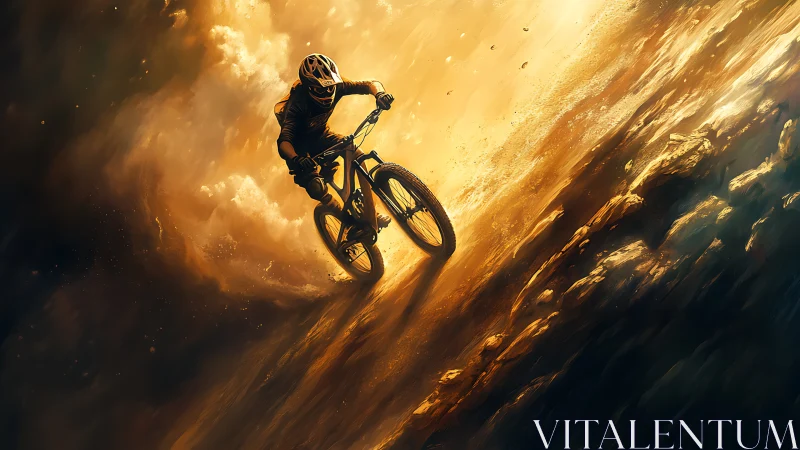 Mountain biker executing dynamic aerial maneuver with dramatic golden-hour atmospheric illumination.