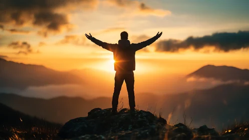 Silhouetted figure on mountain ridge at radiant sunrise horizon.