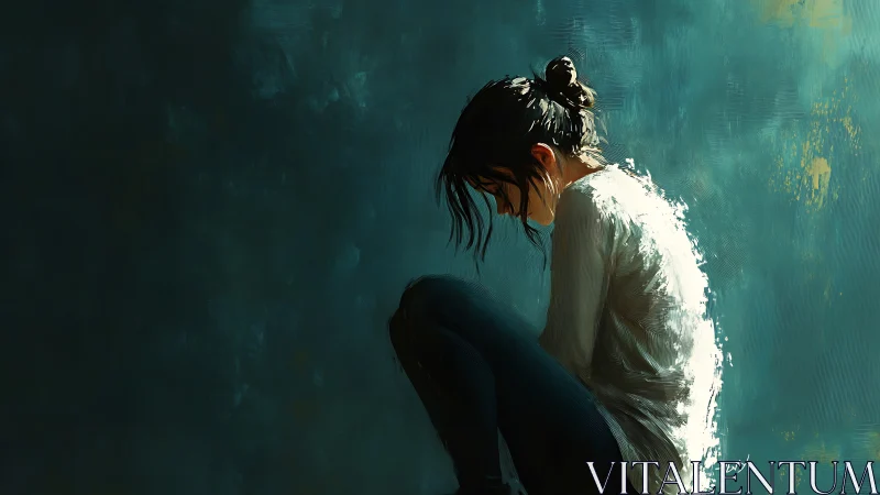 Solitary girl in shadowed corner with teal painted wall.