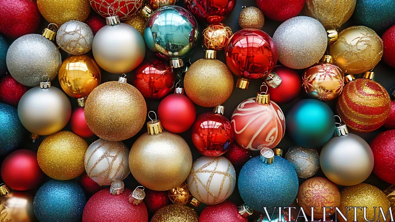 Colorful Christmas ornaments in a dense festive arrangement.