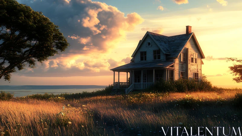 Sunlit coastal farmhouse with windswept golden meadow at dusk.