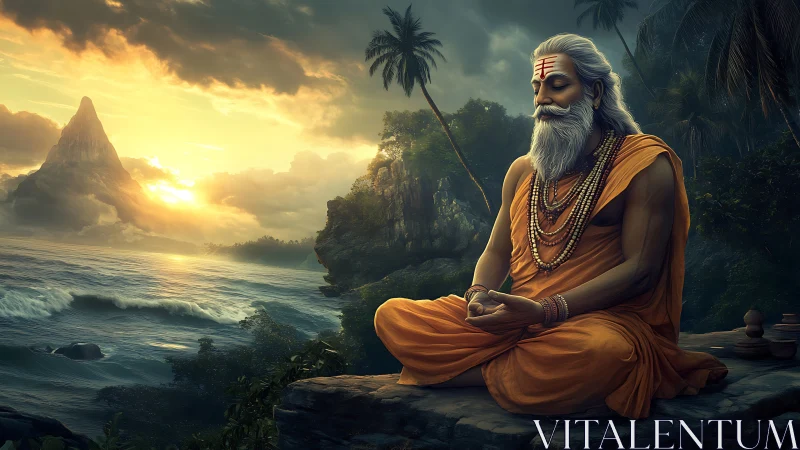 Serene sage meditating by ocean cliffs at sunrise.