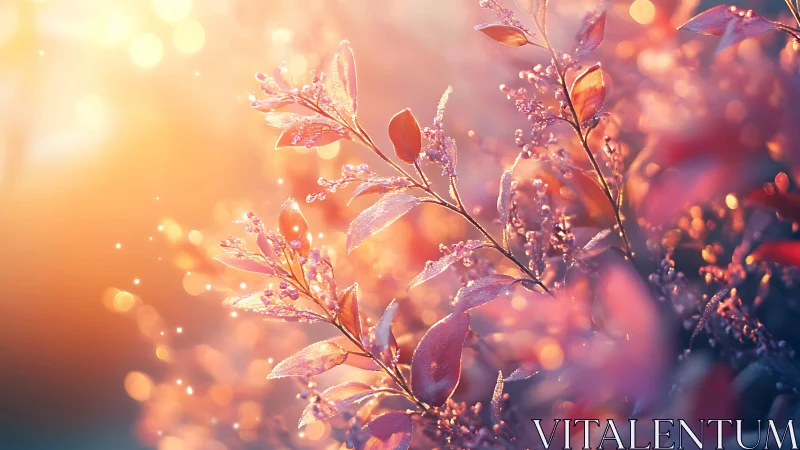 Sunlit dewy foliage in soft orange and purple glow.