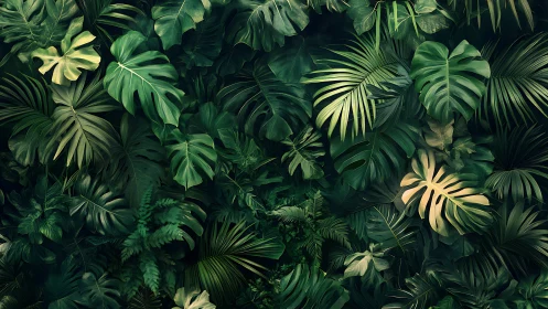 Layered tropical foliage wall in dense digital painting style.