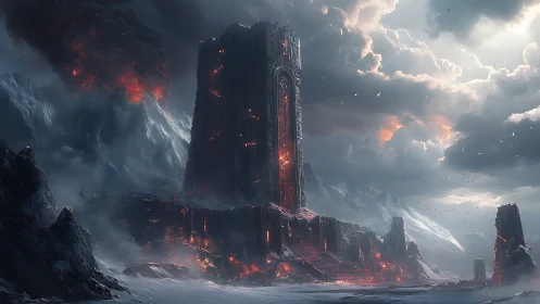 Volcanic obsidian fortress towers over frozen wasteland.