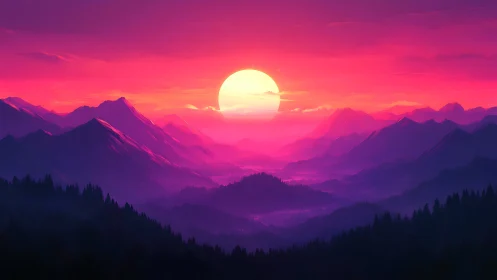 Neon dusk melts over layered mountains in soft violet haze