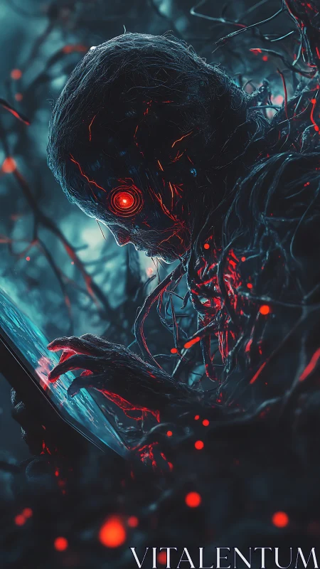 Haunting cybernetic figure studies a glowing digital portal