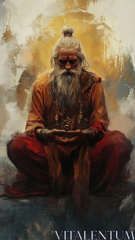 Elderly robed man sits cross‑legged in meditative posture