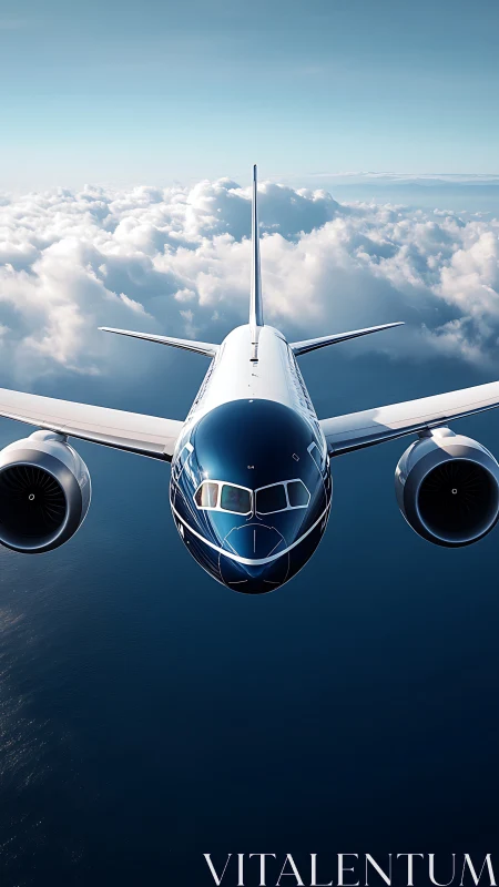 Front view of modern passenger jet flying above clouds.