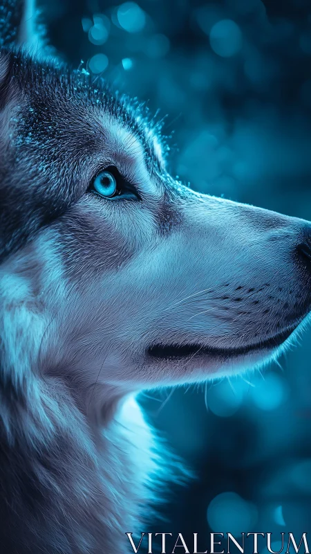 Profile study of blue-toned husky dog against soft bokeh.