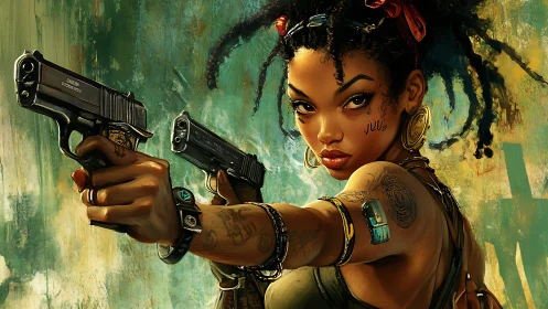 Gun-wielding street heroine in bold digital painting.