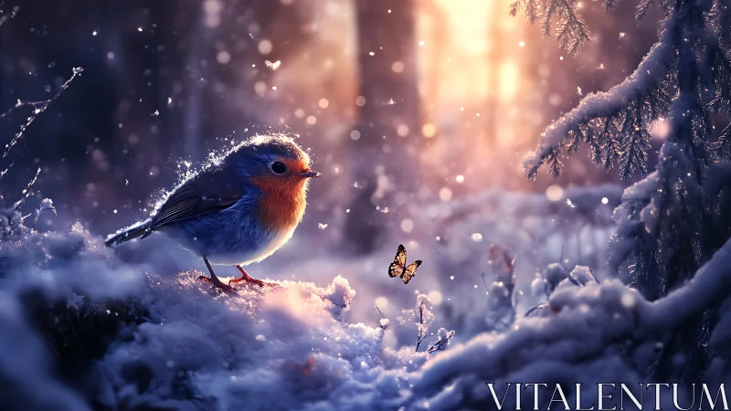 Winter Robin Watching Butterfly in Magical Snowy Forest Scene.