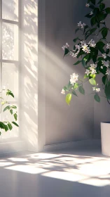 Sunlit jasmine whispers in a tranquil, white-walled corner.