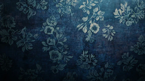 Textured blue floral wallpaper with subtle vintage wear.