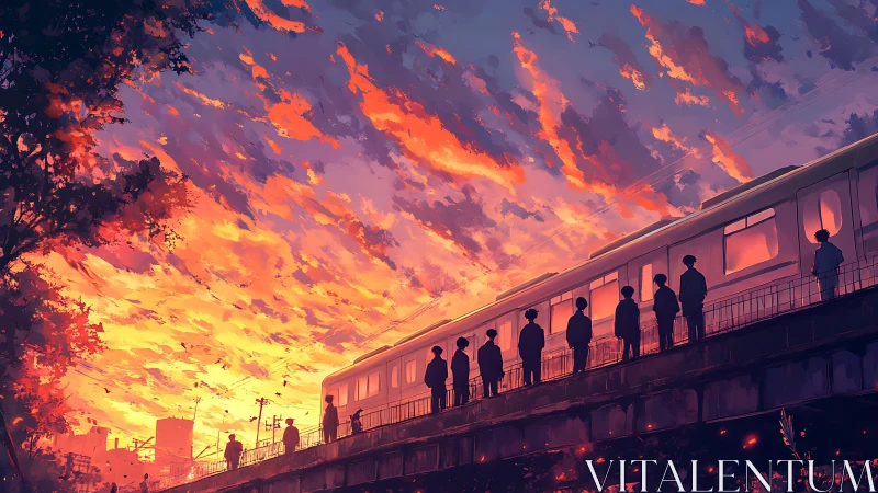 Passengers on elevated train platform under vivid sunset sky.