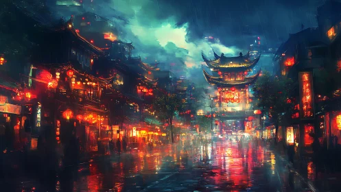 Neon soaked Chinese street glows under rainy night sky