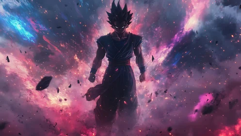 Energy-charged warrior stands within erupting cosmic storm