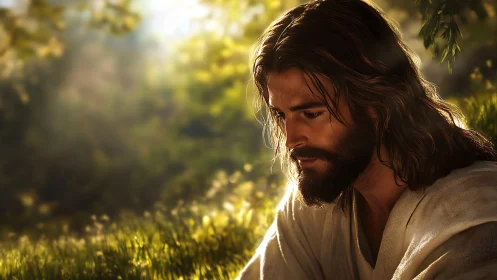 Contemplative robed man in serene golden meadow light.