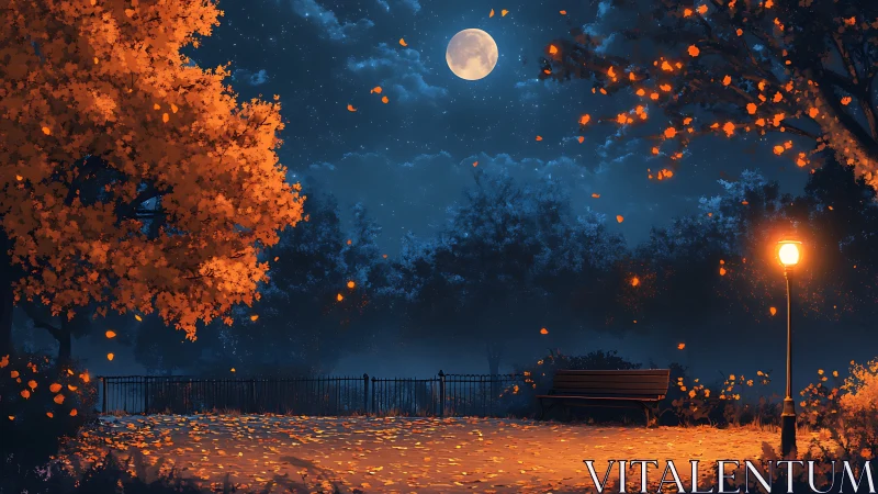 Autumn park at night under full moon and lamppost light.