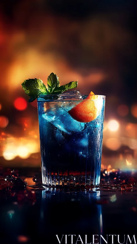 Deep Blue Cocktail with Citrus Garnish Against Warm Bokeh Backdrop.