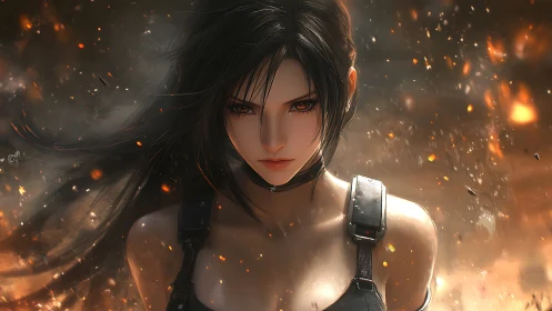 Female figure stands amid sparks in high-detail anime render