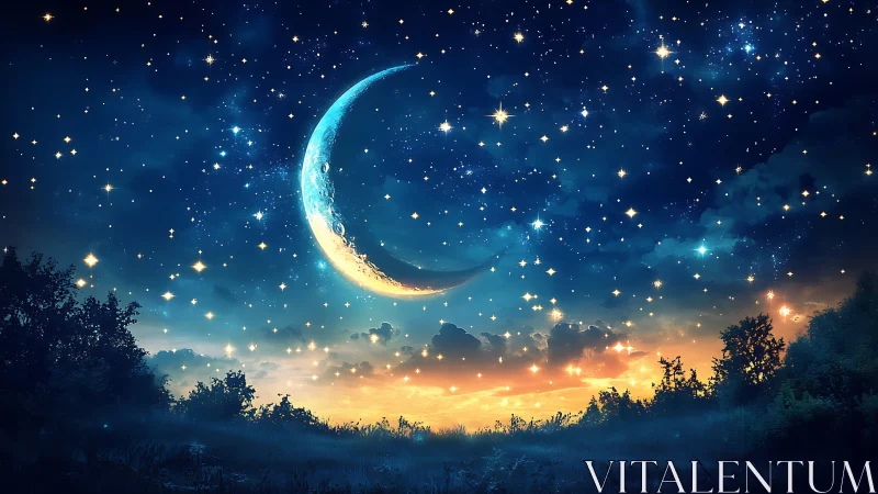 Crescent moon over glowing twilight forest skyscape.