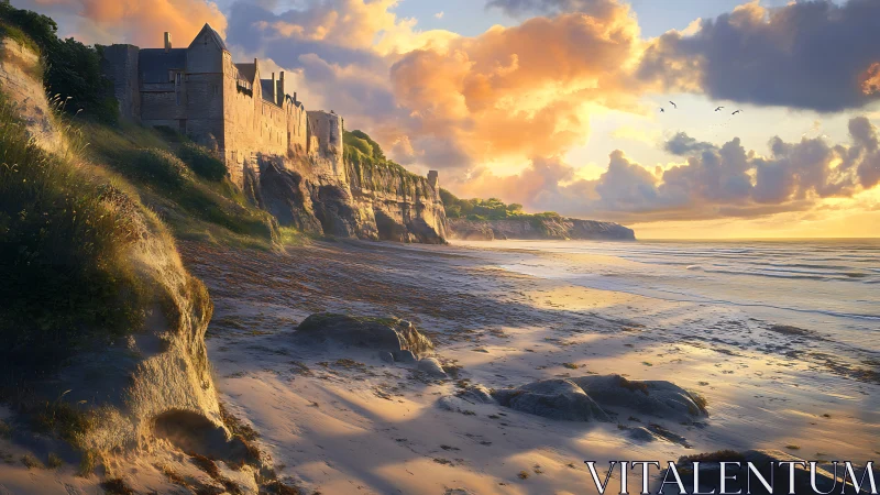 Coastal fortress on tidal shore at low-sun golden hour light.