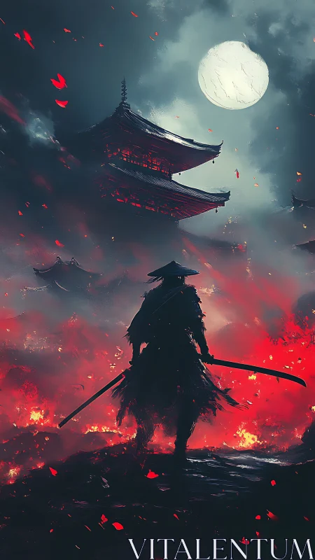 Silhouetted swordsman stands before burning pagoda at night