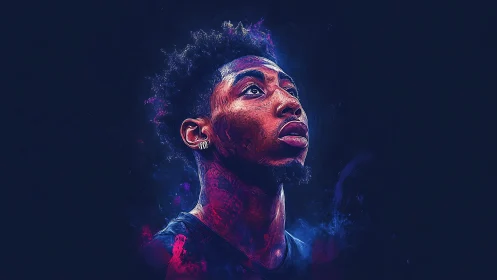 Neon portrait shows focused man gazing upward in darkness