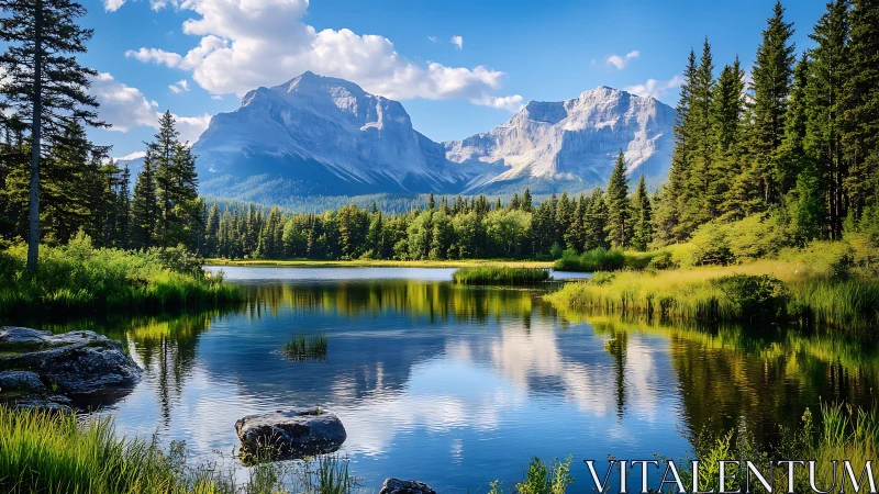 Alpine lake mirror with conifer forest and stratified mountainscape.