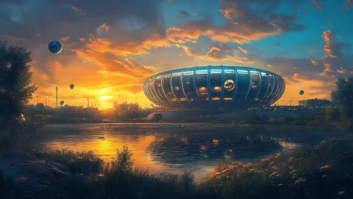 Futuristic stadium structure stands beside reflective water