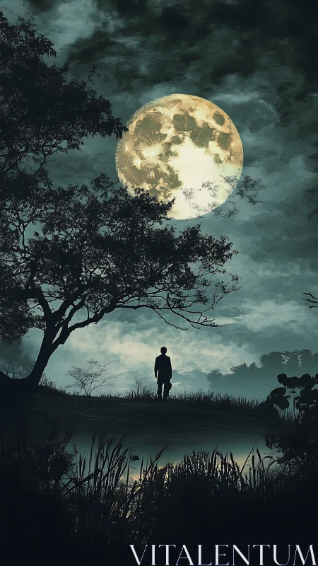 Silhouette figure by lakeside under full moonlit sky.
