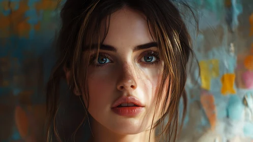 Portrait of young woman with blue eyes and soft lighting.