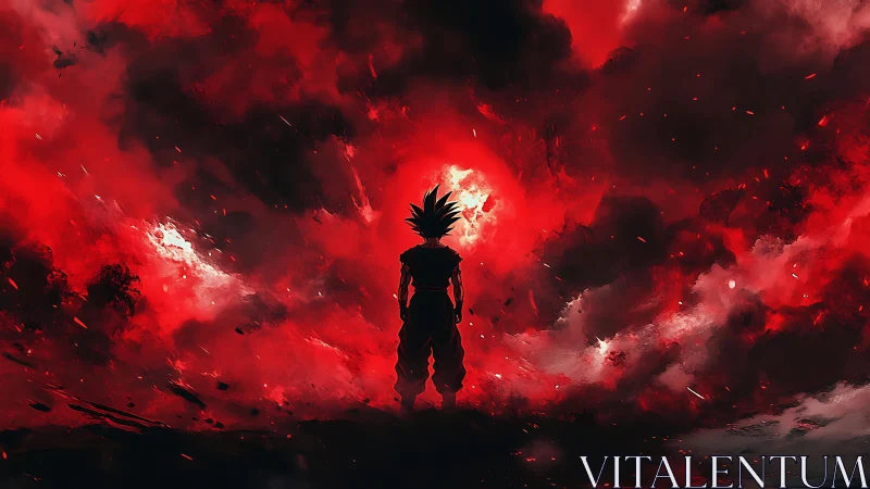 Lone warrior embraced by blazing red storm of power.