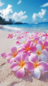 Pink plumeria flowers scattered across white sand beach