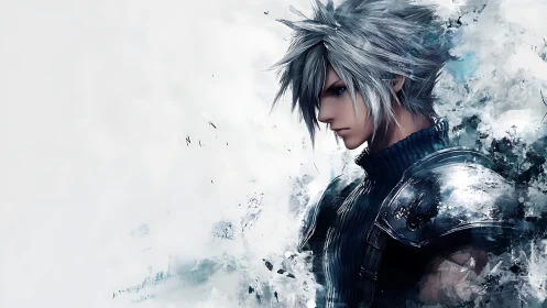 Silver haired warrior in icy abstract armor portrait.