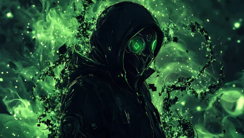 Neon rogue in a hooded exosuit quietly bends digital chaos