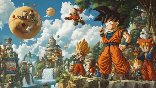 Group of anime characters stands in dense fantasy townscape