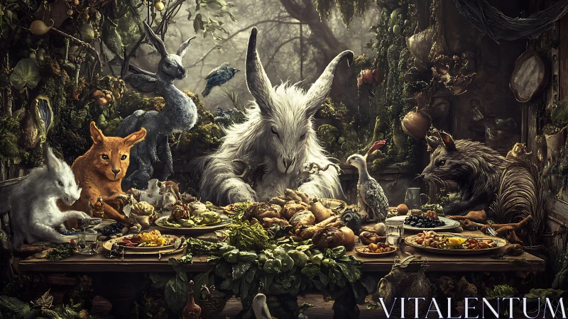 Enchanted woodland creatures share a lavish feast together.