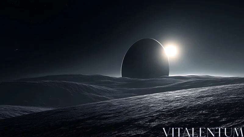 Minimalist lunar horizon with monolithic eclipse structure.