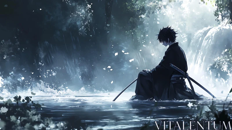 Lone samurai kneels in misted river beneath falling light.