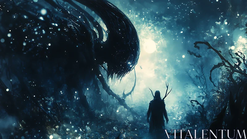 Moonlit confrontation with colossal shadow wraith in forest.