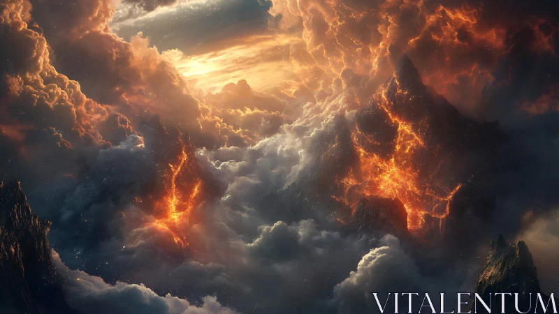 Molten storm peaks beneath blazing celestial skies.