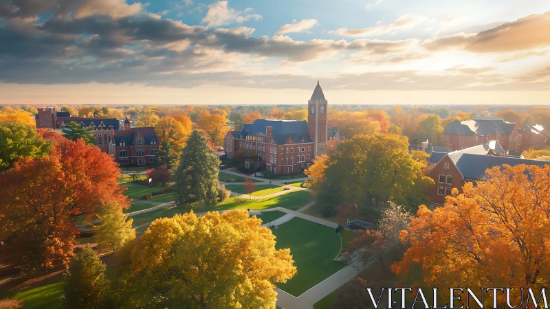 Golden autumn sunlight warms a peaceful college campus green