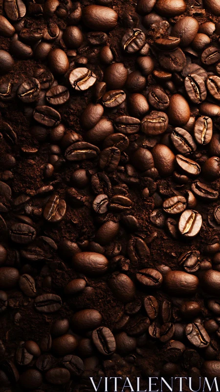 Roasted coffee beans closeup on dark textured background.